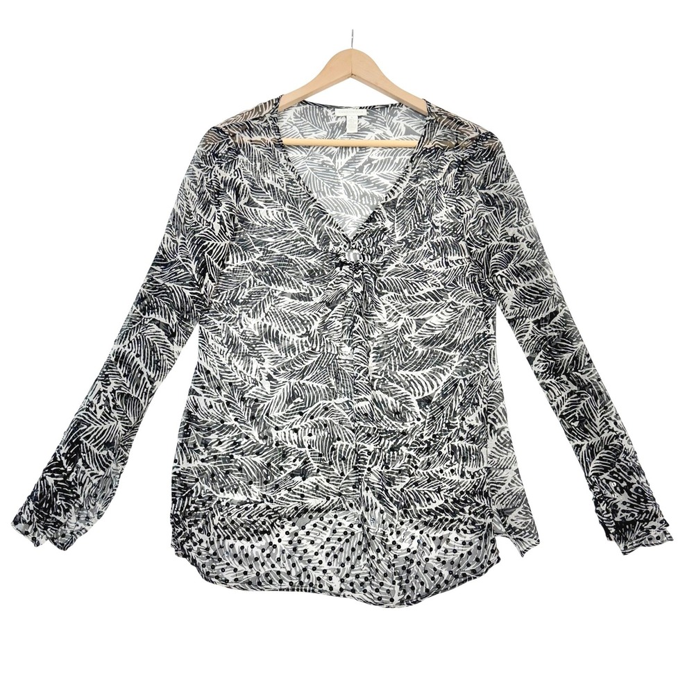 VTG 100% Silk Charter Club Black White Palm Leaf Sequin Sheer V-Neck Blouse Top